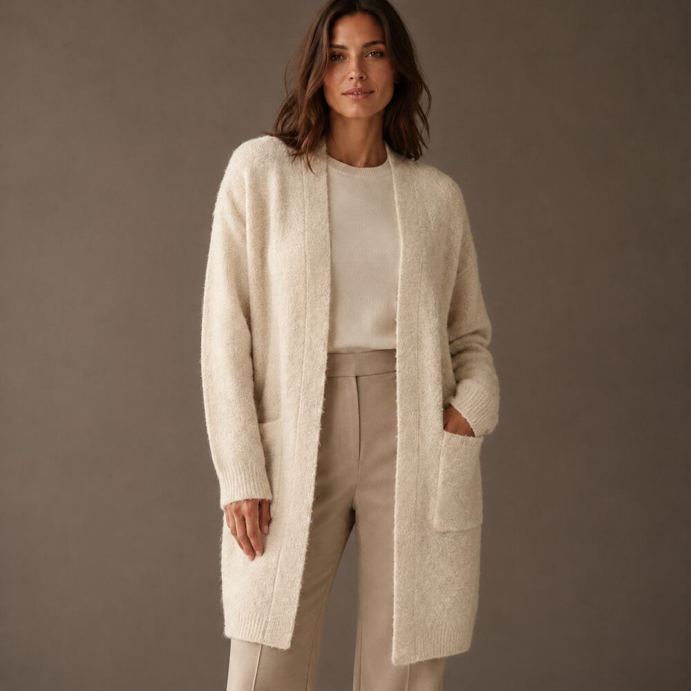 On-34th Macys Boucle long, open-front duster cardigan, in PASTEL ROSE TAN S
